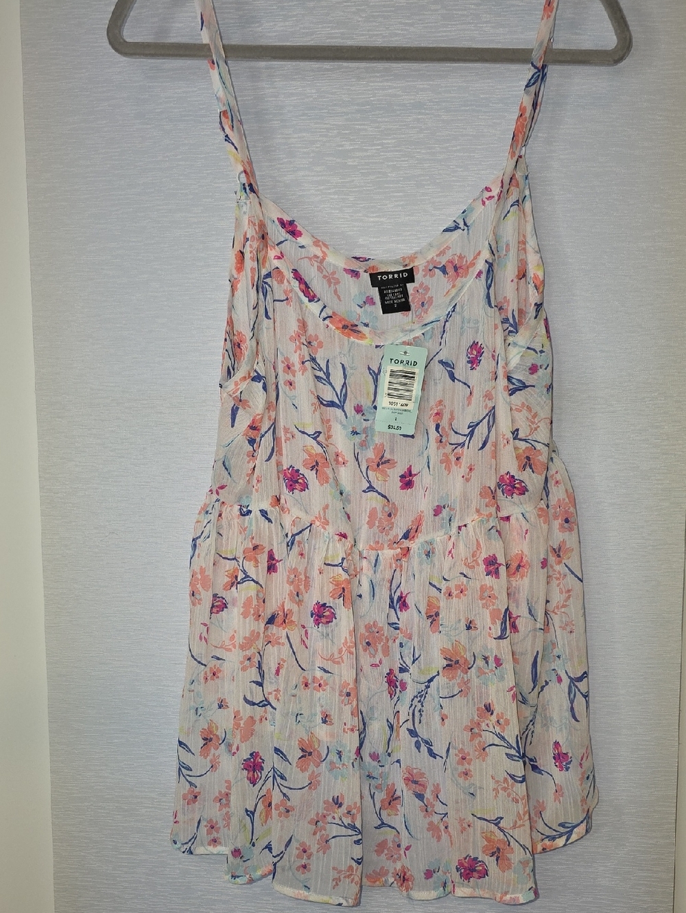 torrid Sheer White Floral Tiered Spaghetti Strap Tank - Pink, Blue & Peach